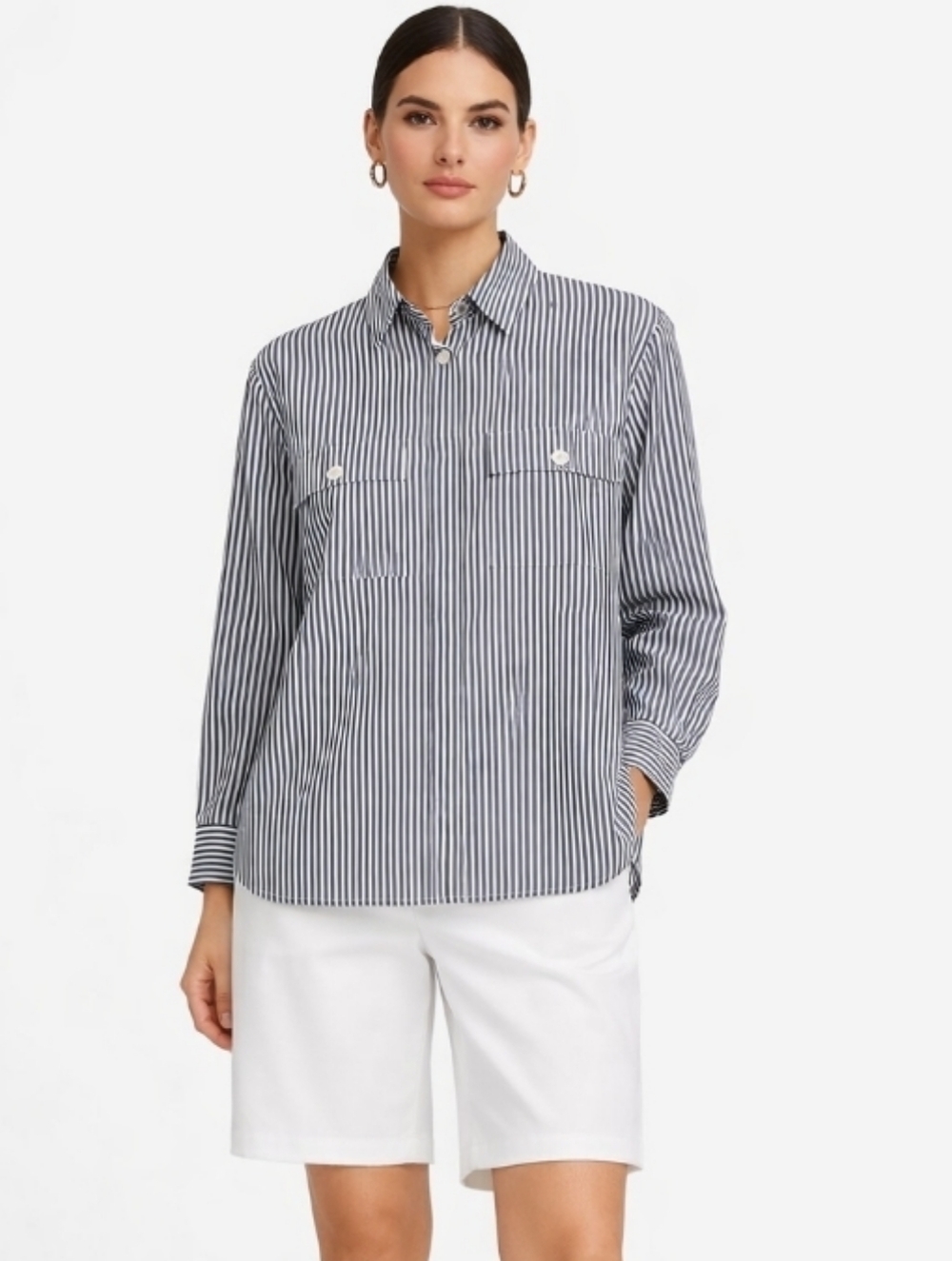 Chaus Pinstripe Camp Shirt Black White 10